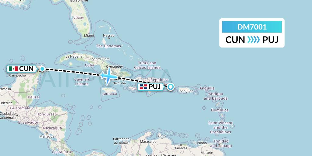 DM7001 Arajet Flight Map: Cancun to Punta Cana