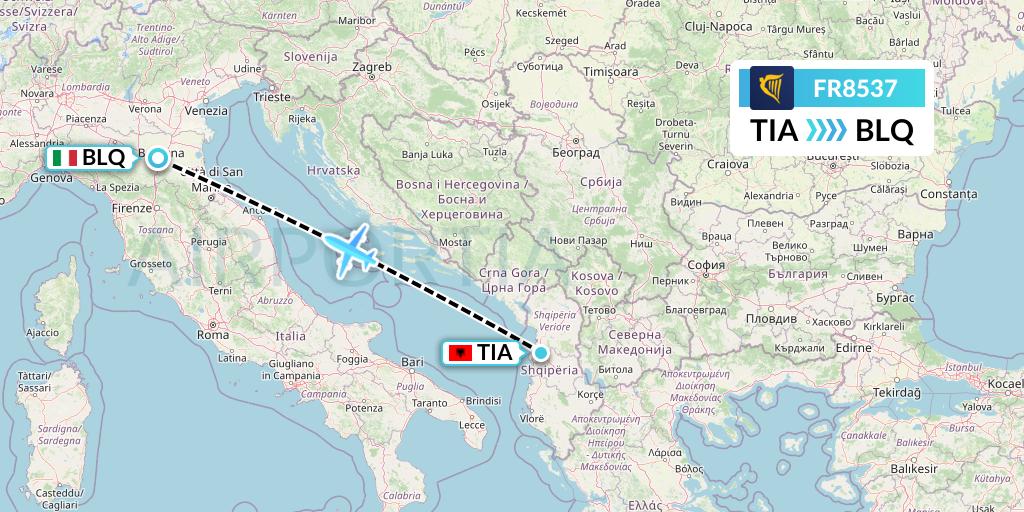 FR8537 Ryanair Flight Map: Tirana to Bologna