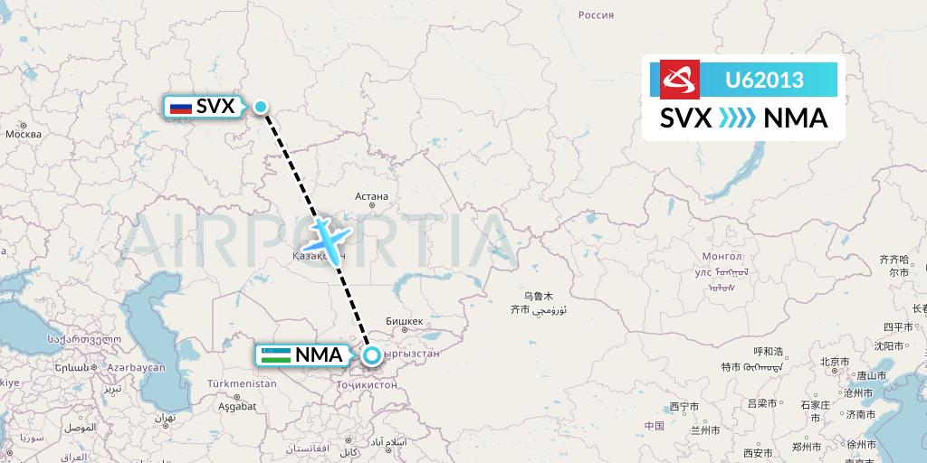 U62013 Ural Airlines Flight Map: Yekaterinburg to Namangan