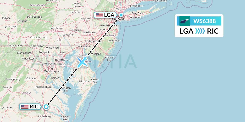 WS6388 WestJet Flight Map: New York to Richmond
