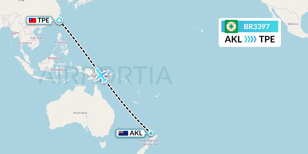 BR3397 EVA Air Flight Map: Auckland to Taipei