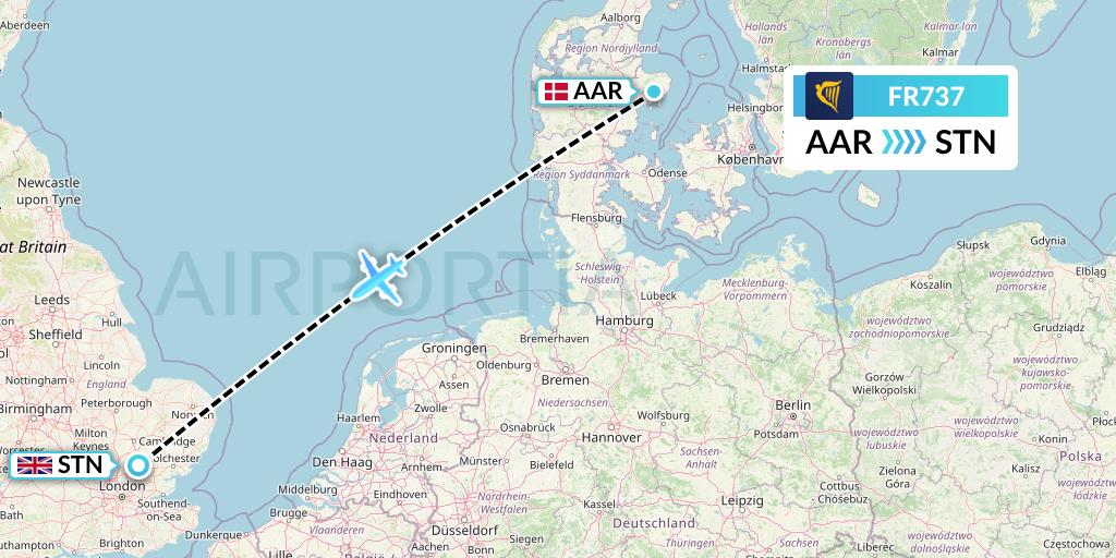 FR737 Ryanair Flight Map: Aarhus to London