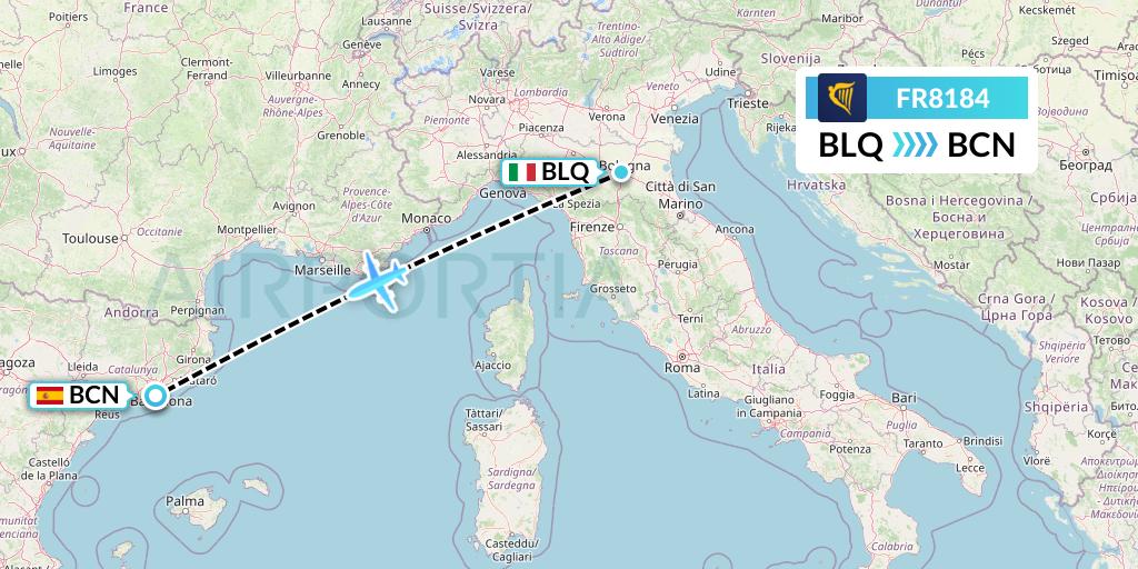 FR8184 Ryanair Flight Map: Bologna to Barcelona