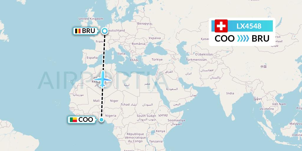 LX4548 Swiss Flight Map: Cotonou to Brussels