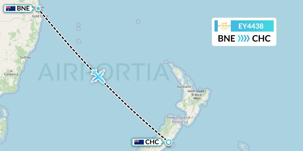 EY4438 Etihad Airways Flight Map: Brisbane to Christchurch