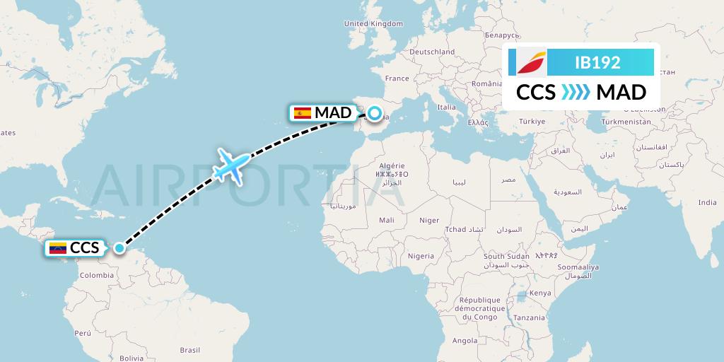 IB192 Iberia Flight Map: Caracas to Madrid