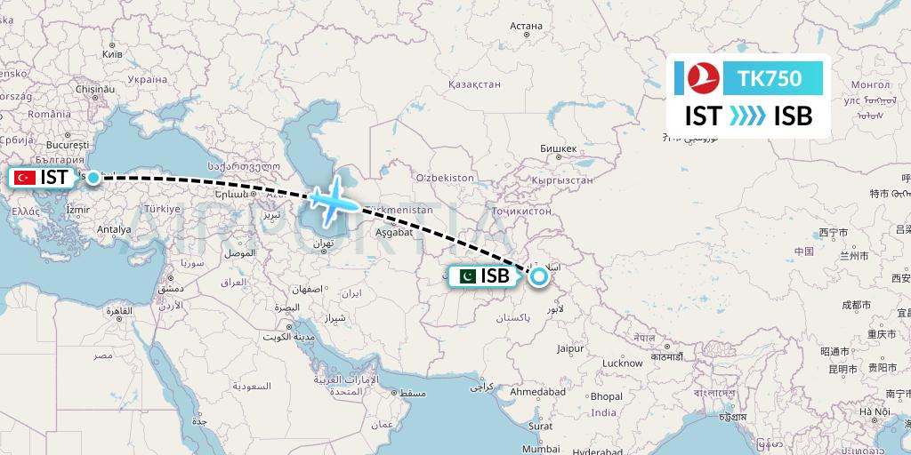 TK750 Turkish Airlines Flight Map: Istanbul to Islamabad