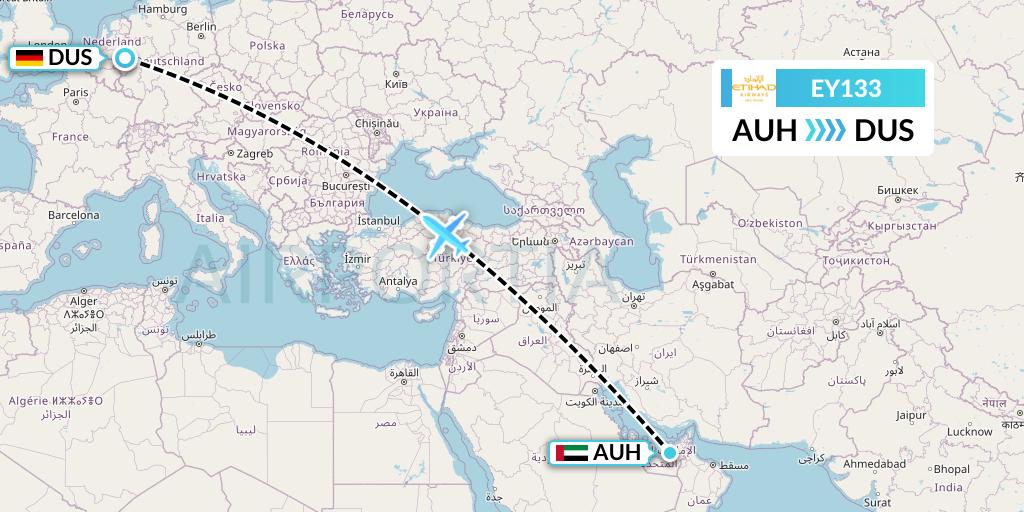 EY133 Etihad Airways Flight Map: Abu Dhabi to Dusseldorf