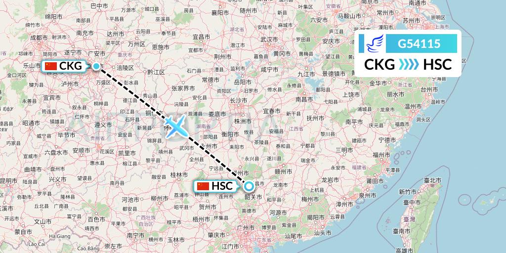 G54115 China Express Airlines Flight Map: Chongqing to Shaoguan