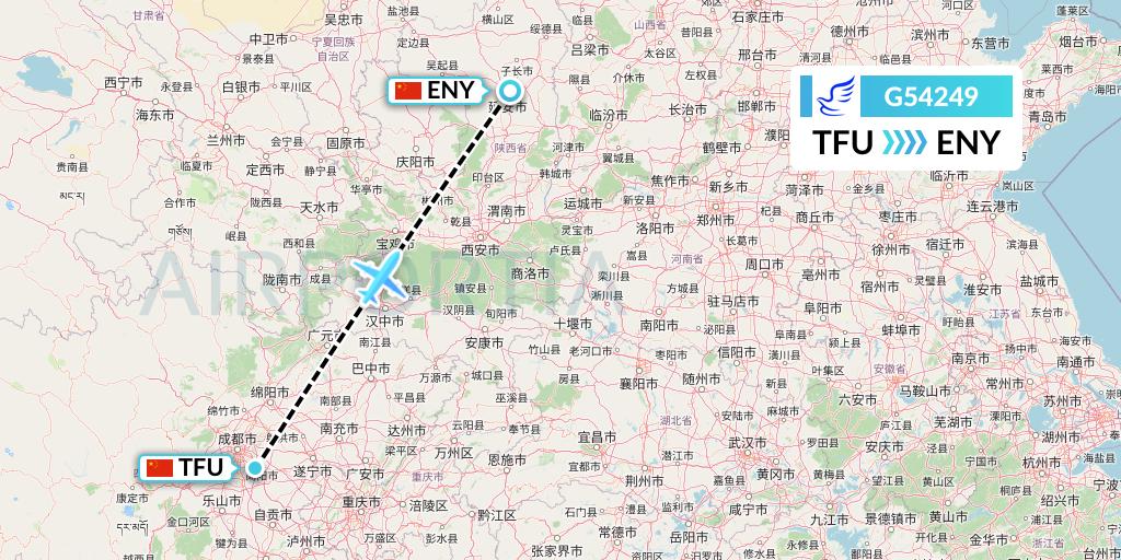 G54249 China Express Airlines Flight Map: Chengdu to Yan'an