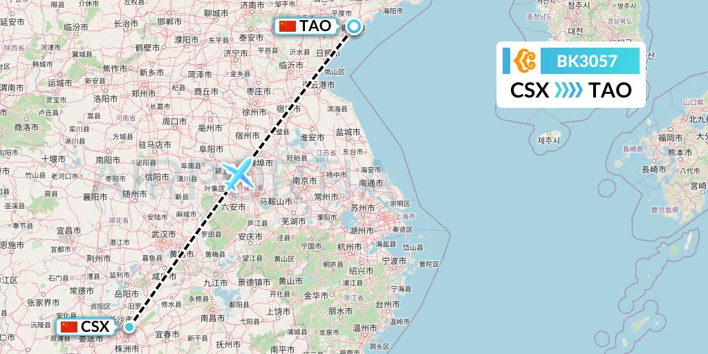 BK3057 Okay Airways Flight Map: Changsha to Qingdao