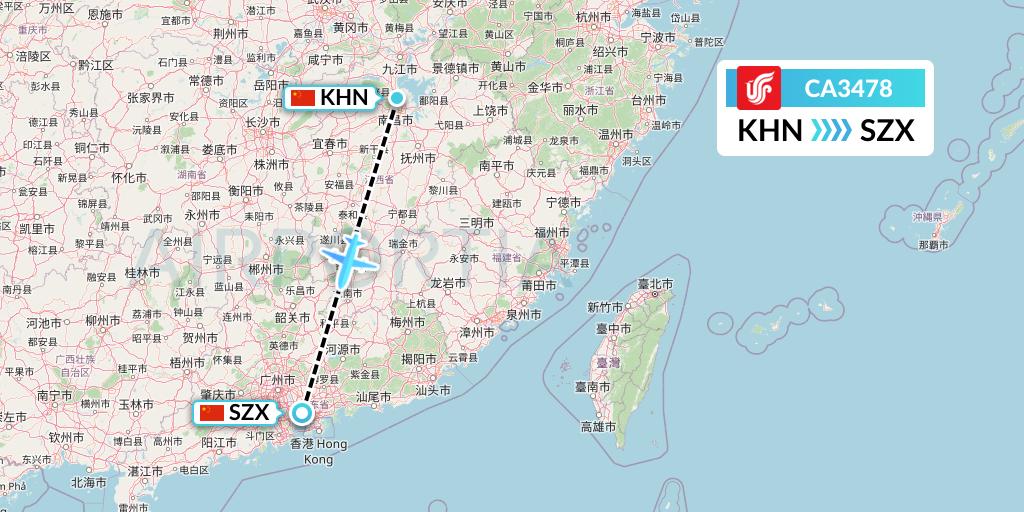CA3478 Air China Flight Map: Nanchang to Shenzhen