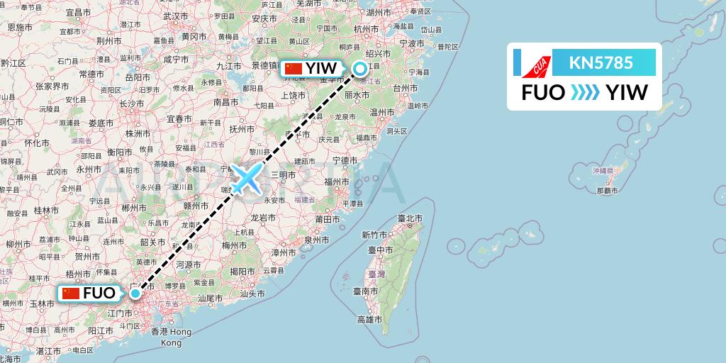 KN5785 China United Airlines Flight Map: Foshan to Yiwu