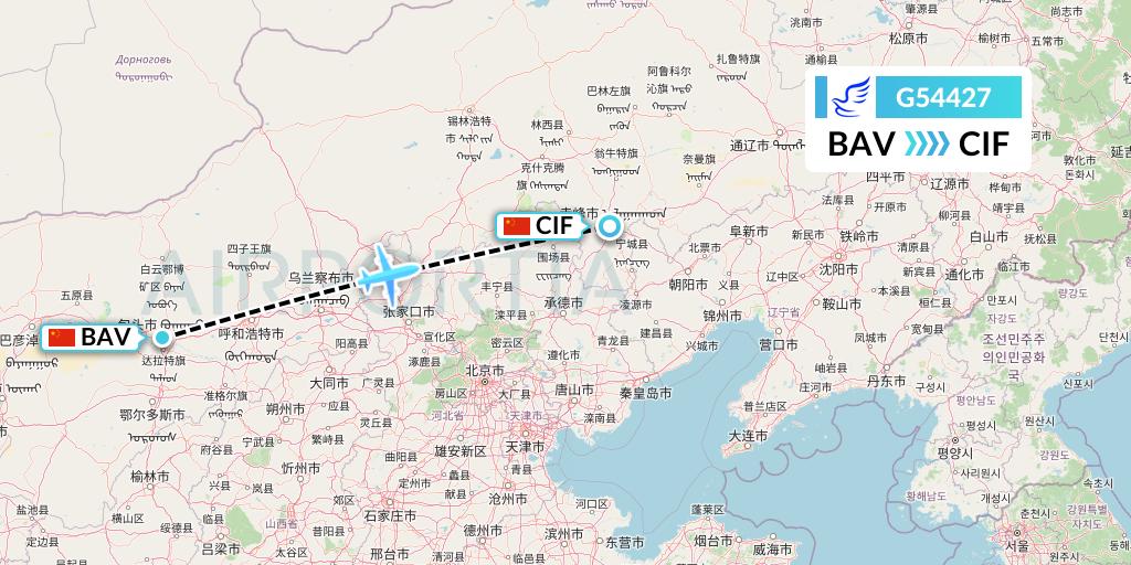 G54427 China Express Airlines Flight Map: Baotou to Chifeng