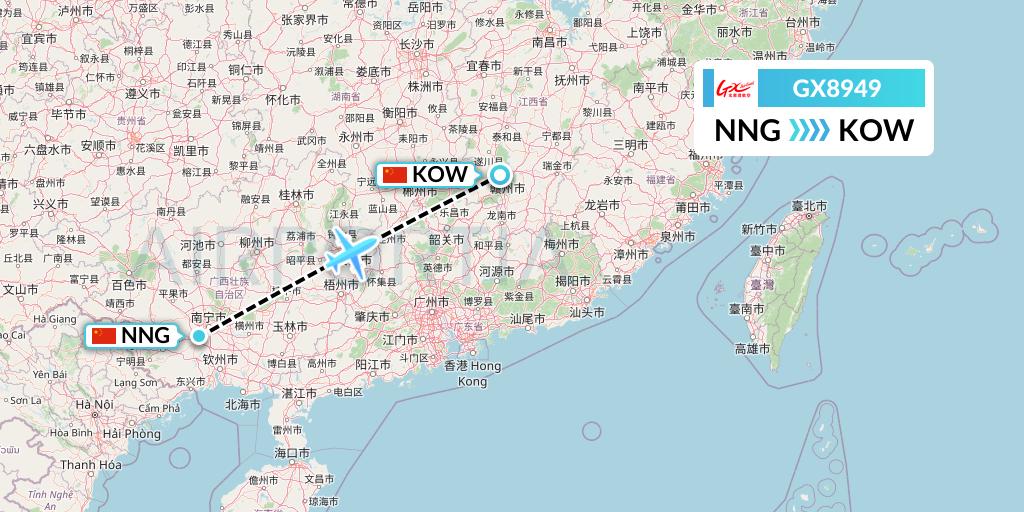 GX8949 GX Airlines Flight Map: Nanning to Ganzhou