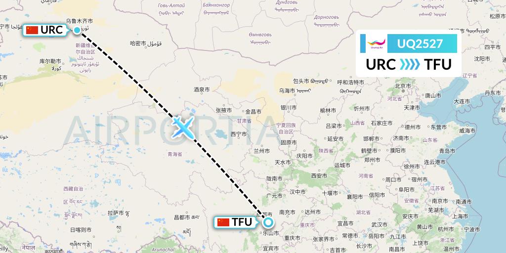 UQ2527 Urumqi Airlines Flight Map: Urumqi to Chengdu