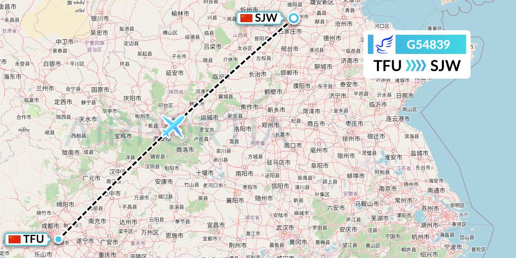 G54839 China Express Airlines Flight Map: Chengdu to Shijiazhuang