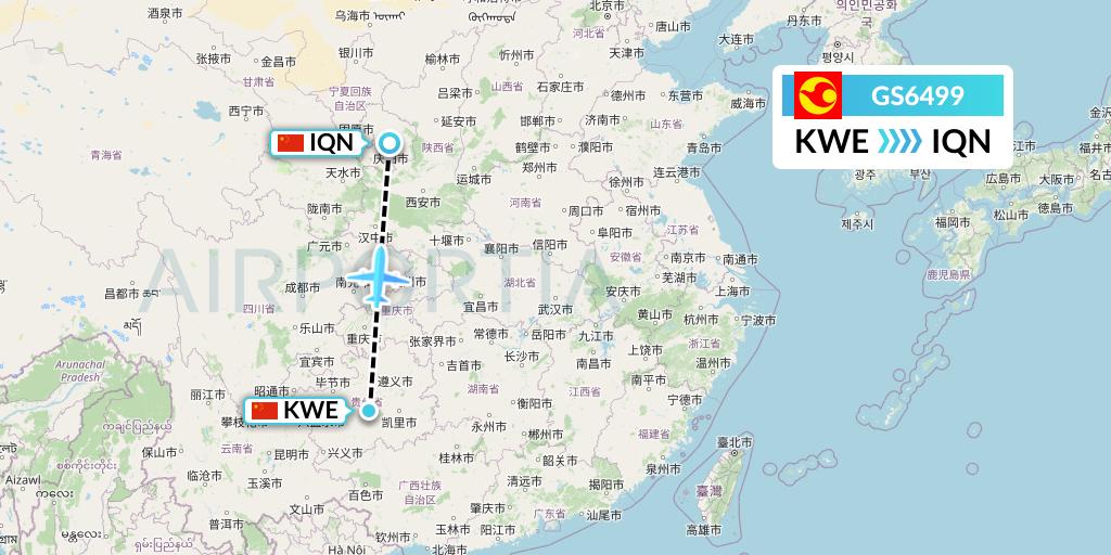 GS6499 Tianjin Airlines Flight Map: Guiyang to Qingyang