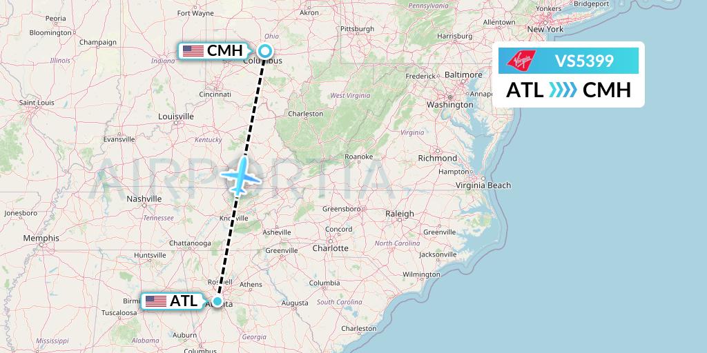 VS5399 Virgin Atlantic Airways Flight Map: Atlanta to Columbus