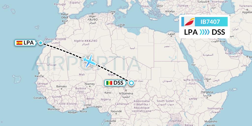 IB7407 Iberia Flight Map: Las Palmas to Dakar