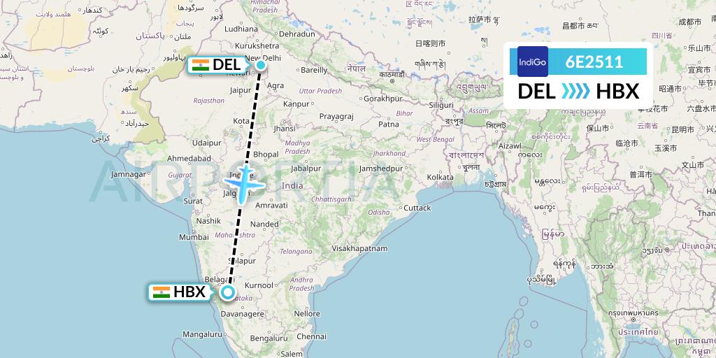 6E2511 IndiGo Airlines Flight Map: Delhi to Hubli