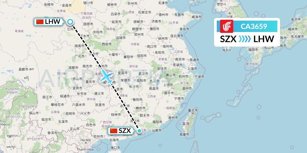 CA3659 Air China Flight Map: Shenzhen to Lanzhou