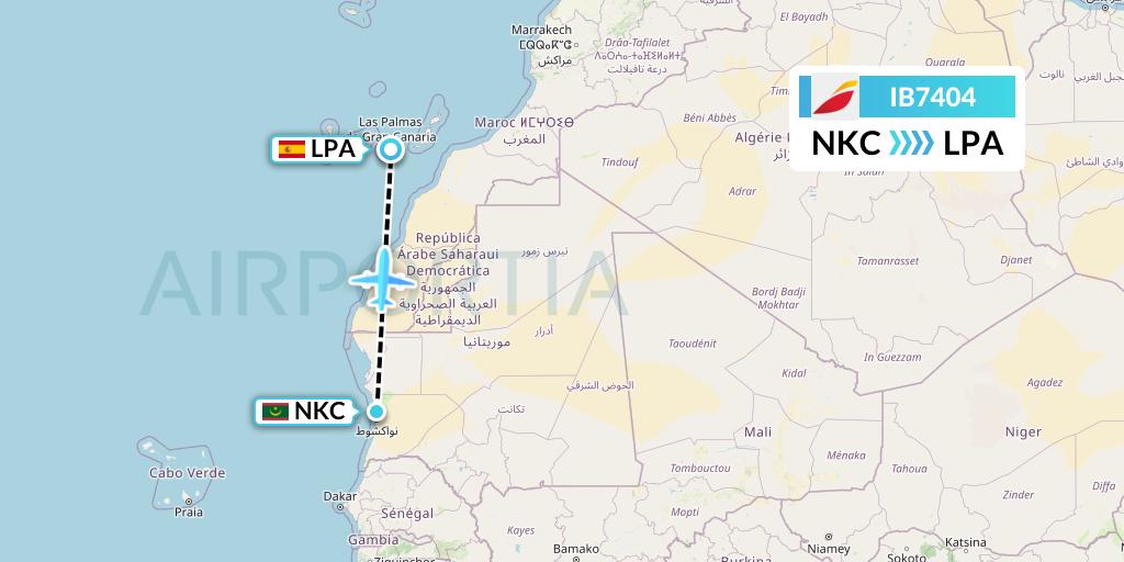 IB7404 Iberia Flight Map: Nouakchott to Las Palmas