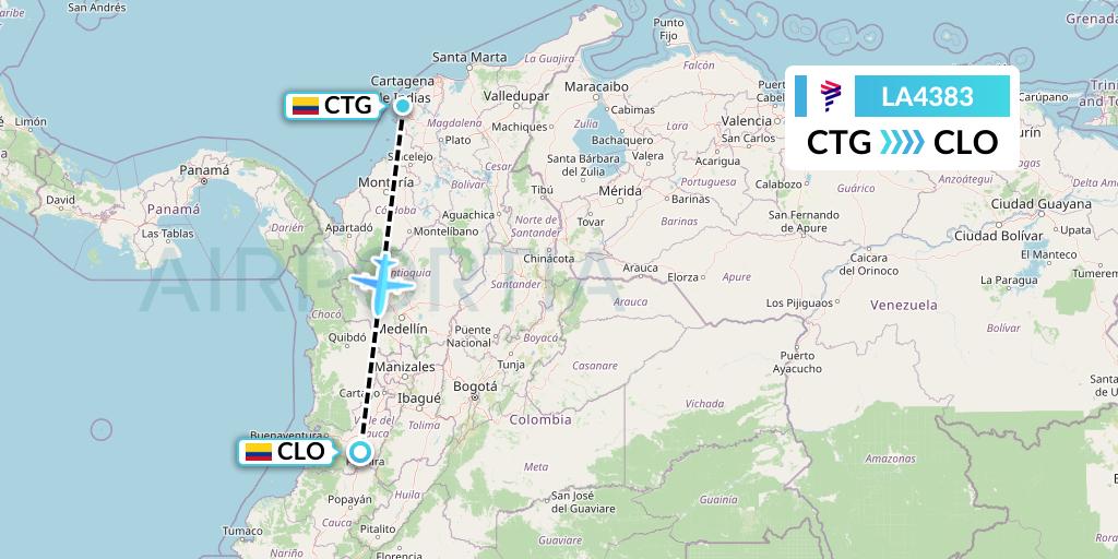 LA4383 LAN Airlines Flight Map: Cartagena to Cali