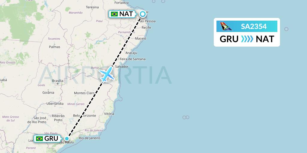 SA2354 South African Airways Flight Map: Sao Paulo to Natal