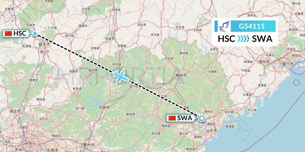 G54115 China Express Airlines Flight Map: Shaoguan to Jieyang