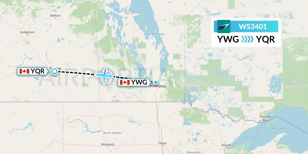 WS3401 WestJet Flight Map: Winnipeg to Regina