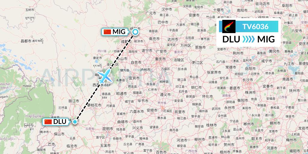 TV6036 Tibet Airlines Flight Map: Dali to Mianyang