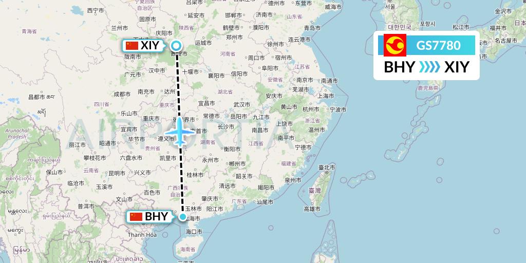 GS7780 Tianjin Airlines Flight Map: Beihai to Xi'an