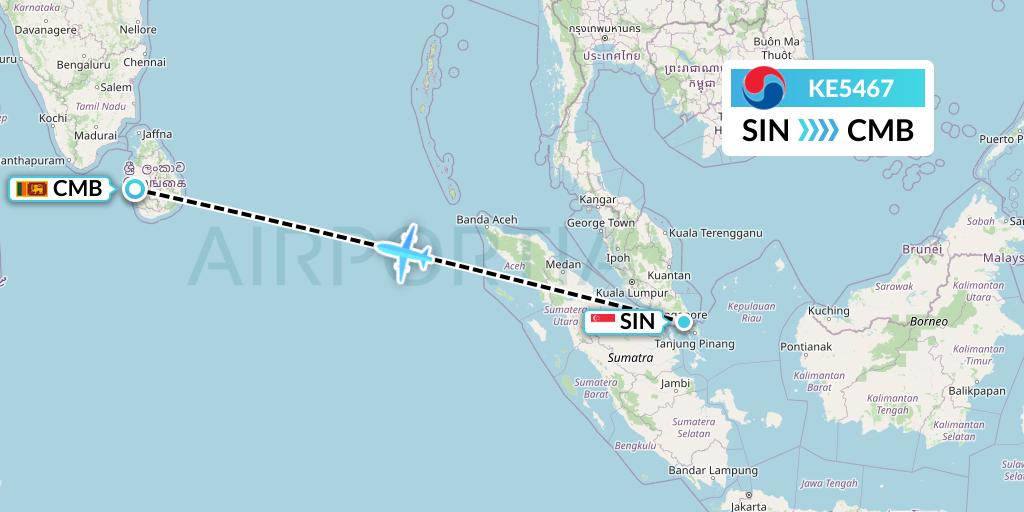 KE5467 Korean Air Flight Map: Singapore to Colombo