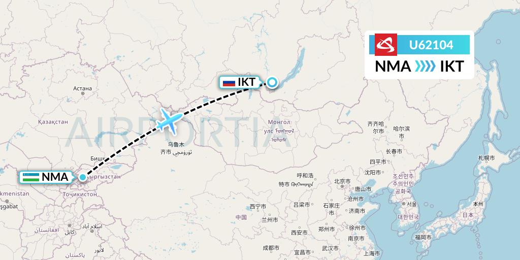 U62104 Ural Airlines Flight Map: Namangan to Irkutsk