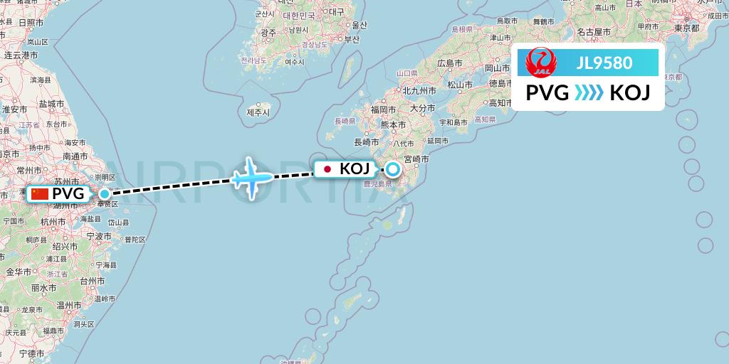 JL9580 Japan Airlines Flight Map: Shanghai to Kagoshima