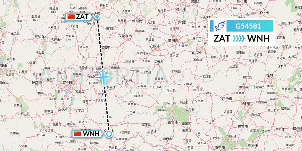 G54581 China Express Airlines Flight Map: Zhaotong to Wenshan