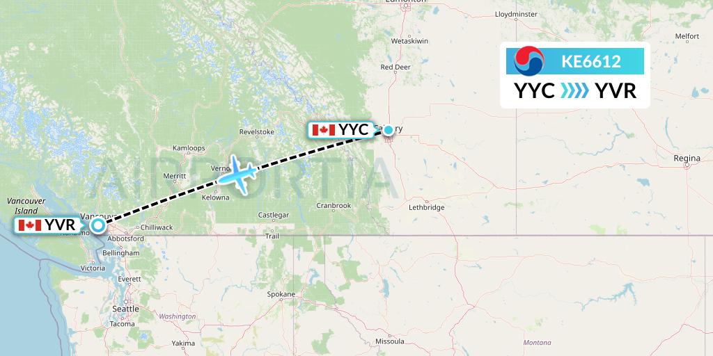 KE6612 Korean Air Flight Map: Calgary to Vancouver