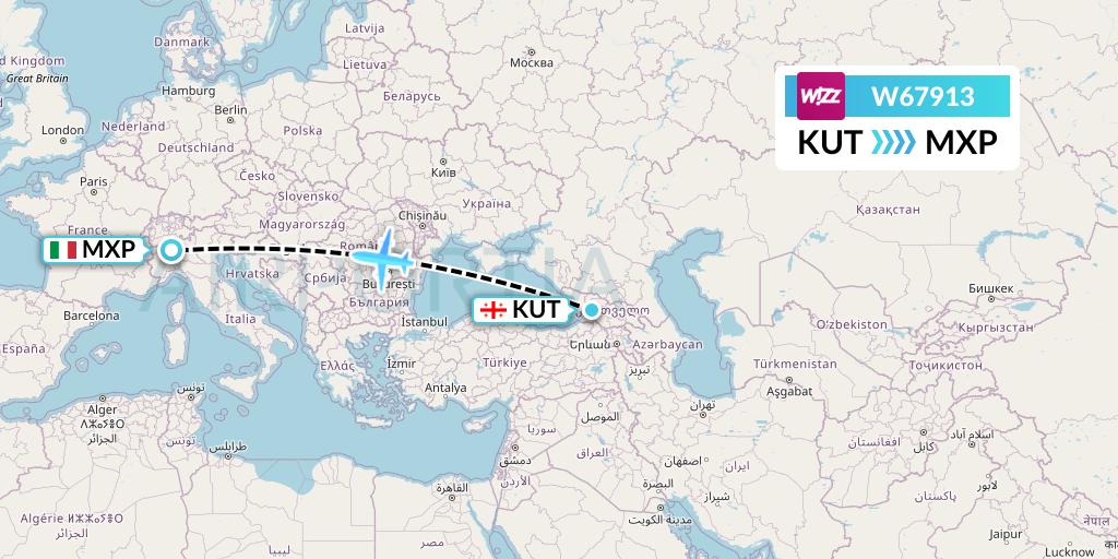 W67913 Wizz Air Flight Map: Kutaisi to Milan