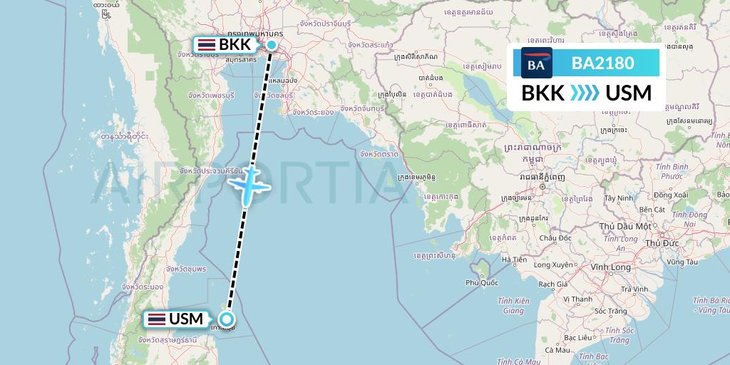 BA2180 British Airways Flight Map: Bangkok to Koh Samui