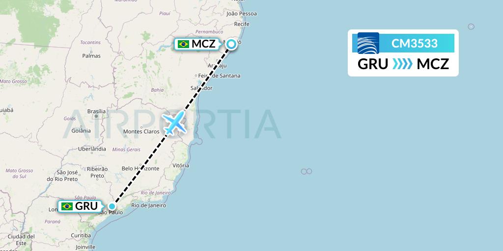 CM3533 Copa Airlines Flight Map: Sao Paulo to Maceio