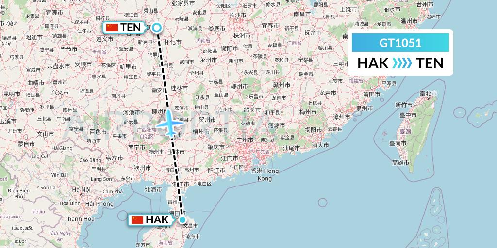 GT1051 Air Guilin Flight Map: Haikou to Tongren