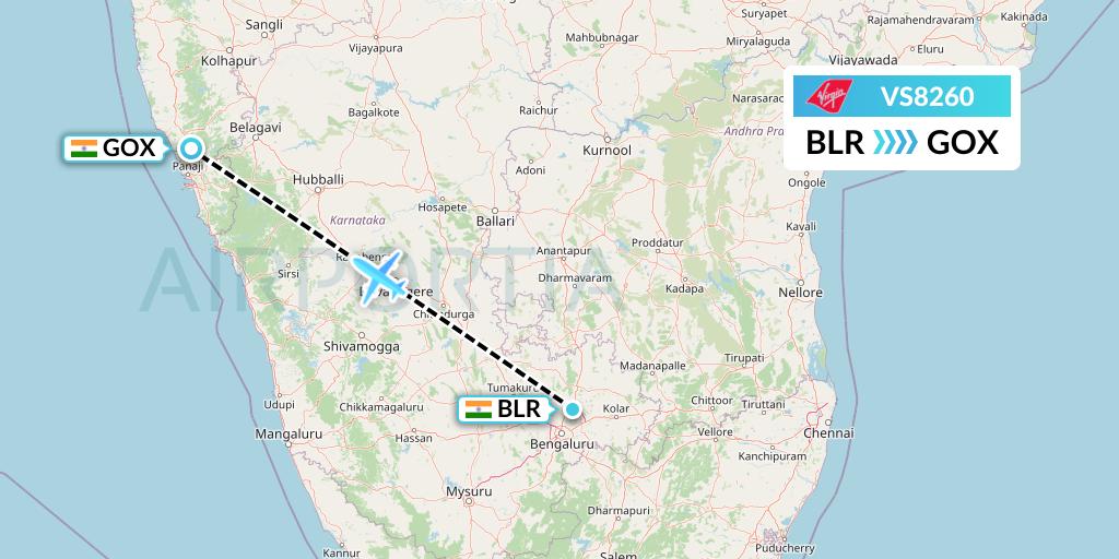 VS8260 Virgin Atlantic Airways Flight Map: Bangalore to Goa