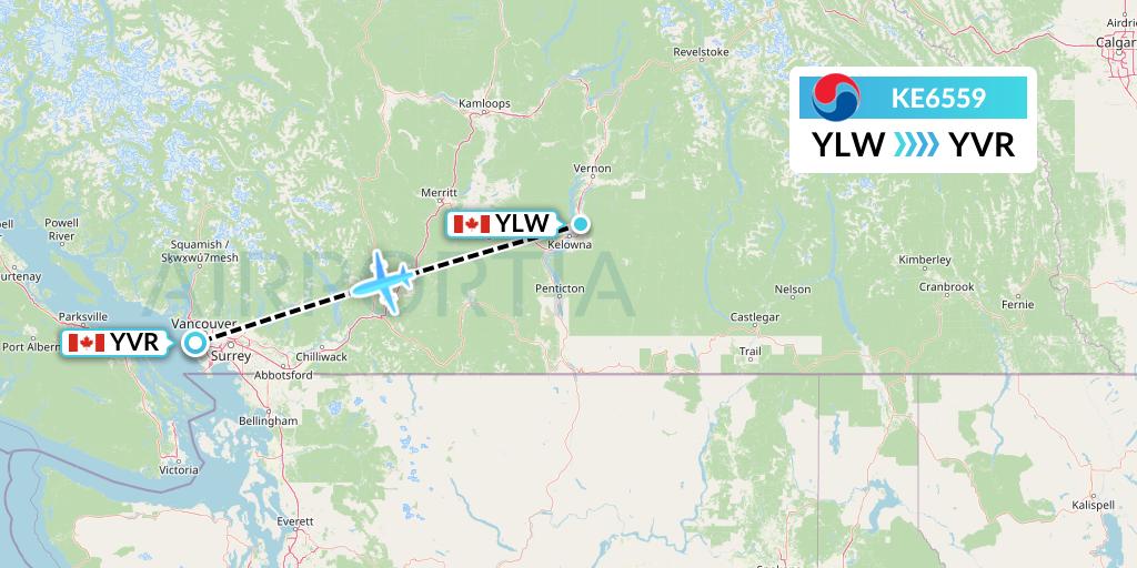 KE6559 Korean Air Flight Map: Kelowna to Vancouver