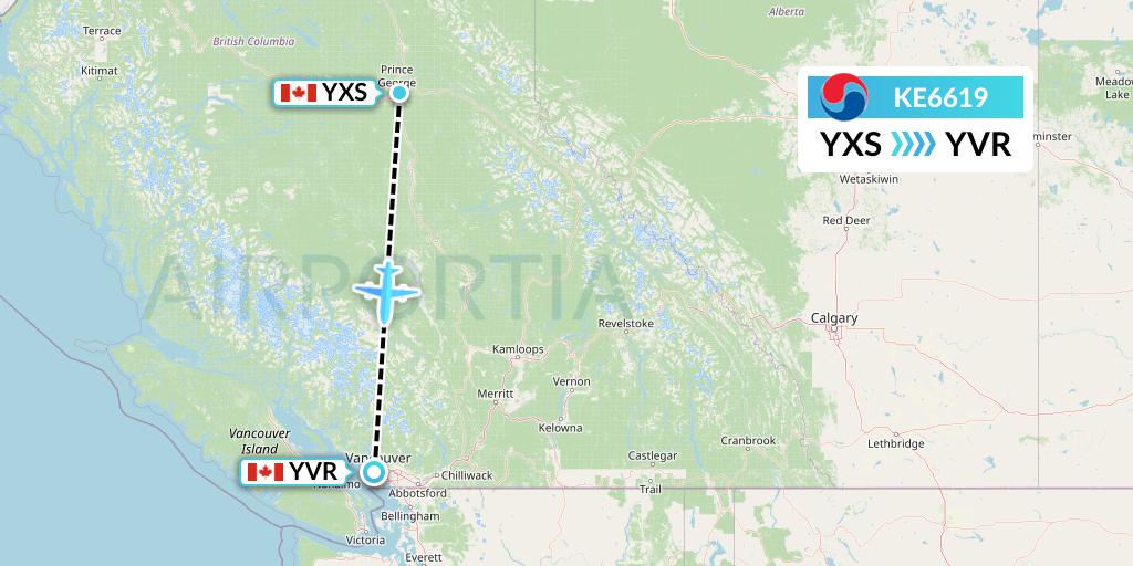 KE6619 Korean Air Flight Map: Prince George to Vancouver