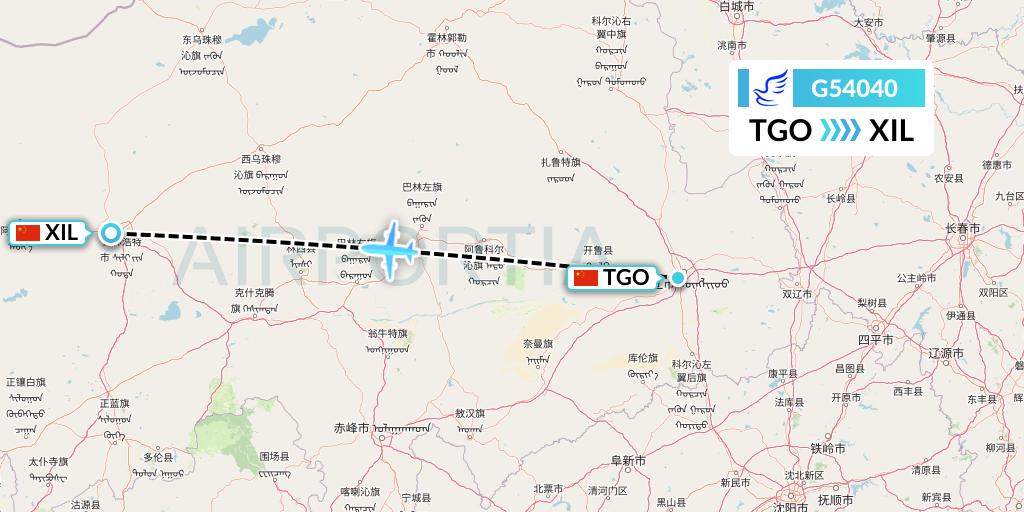 G54040 China Express Airlines Flight Map: Tongliao to Xilinhot