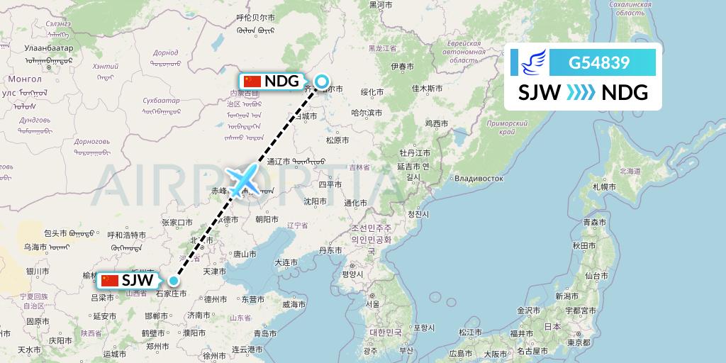 G54839 China Express Airlines Flight Map: Shijiazhuang to Qiqihar
