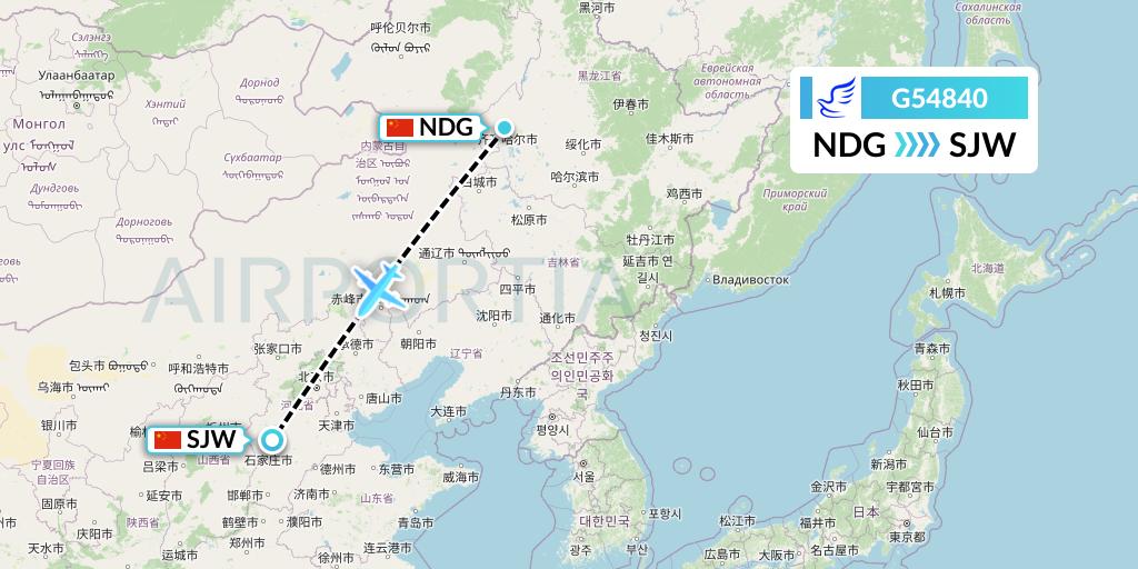 G54840 China Express Airlines Flight Map: Qiqihar to Shijiazhuang