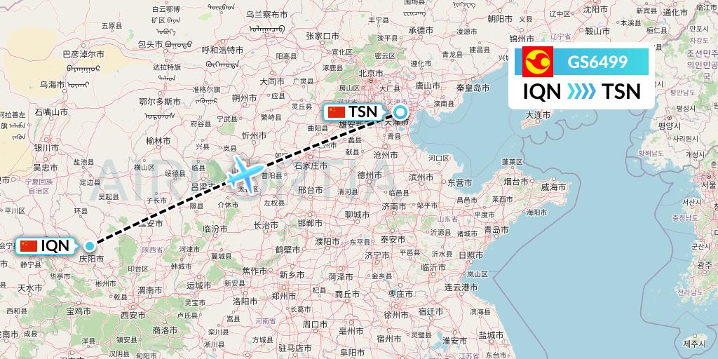 GS6499 Tianjin Airlines Flight Map: Qingyang to Tianjin