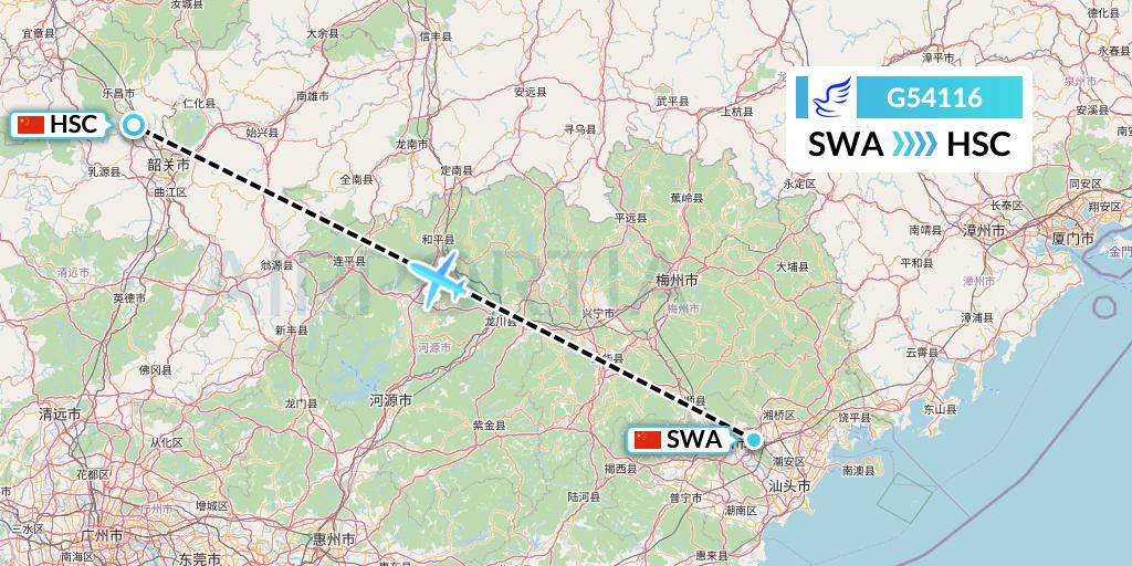 G54116 China Express Airlines Flight Map: Jieyang to Shaoguan